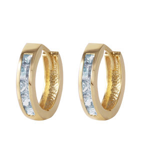 14K. SOLID GOLD HOOP HUGGIE EARRING WITH AQUAMARINES (Yellow Gold)